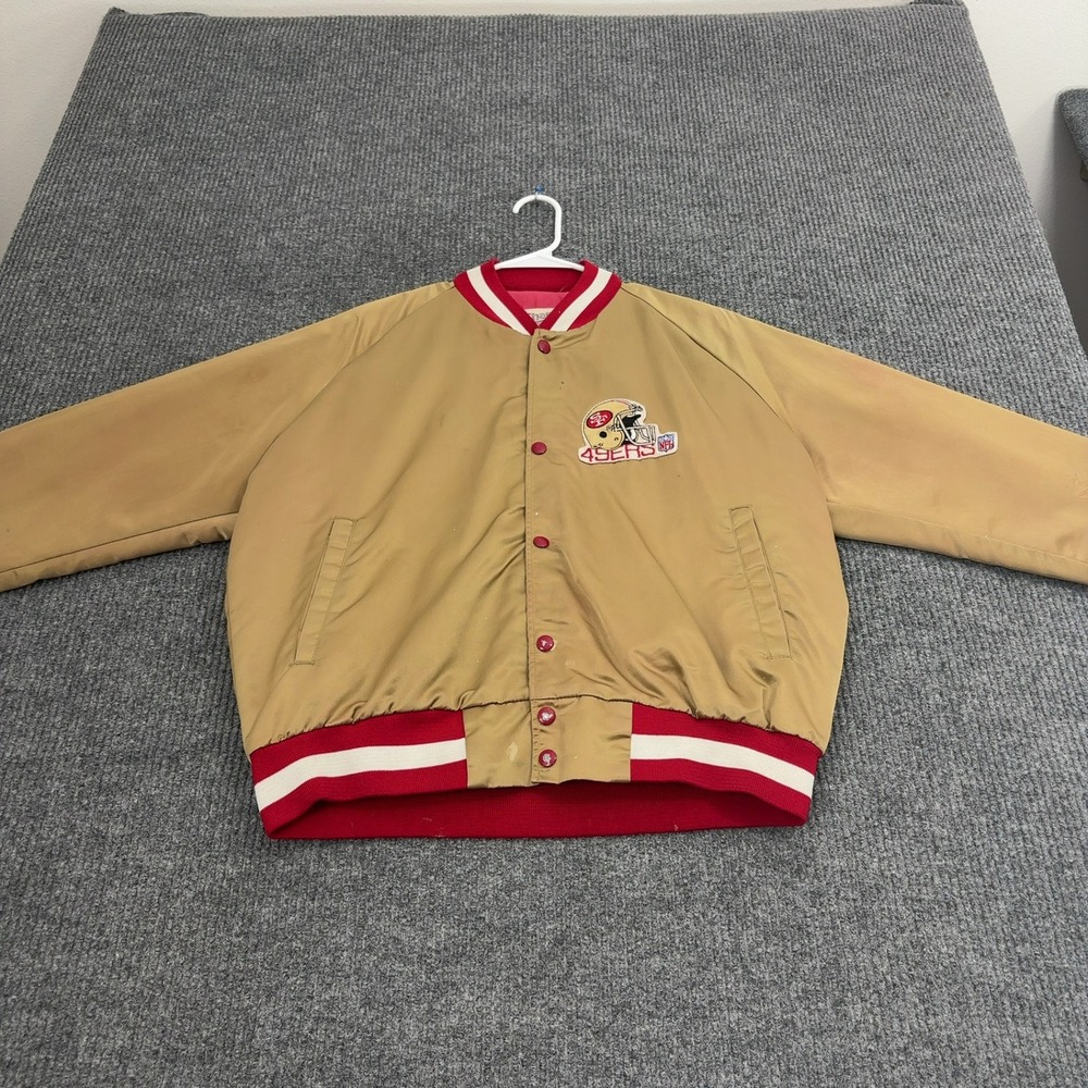 Vintage San Francisco 49ers Chalk Line Jacket Mens L Gold Satin Bomber Sporty